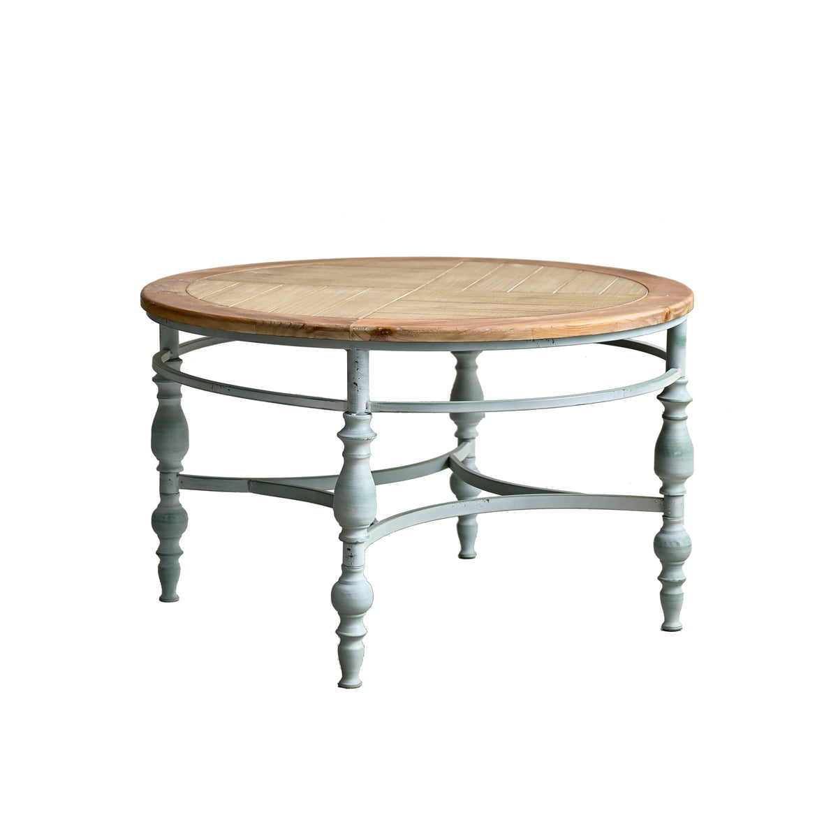 Natural and Blue Rustic Round Wood and Metal Coffee Table, 31.5 in