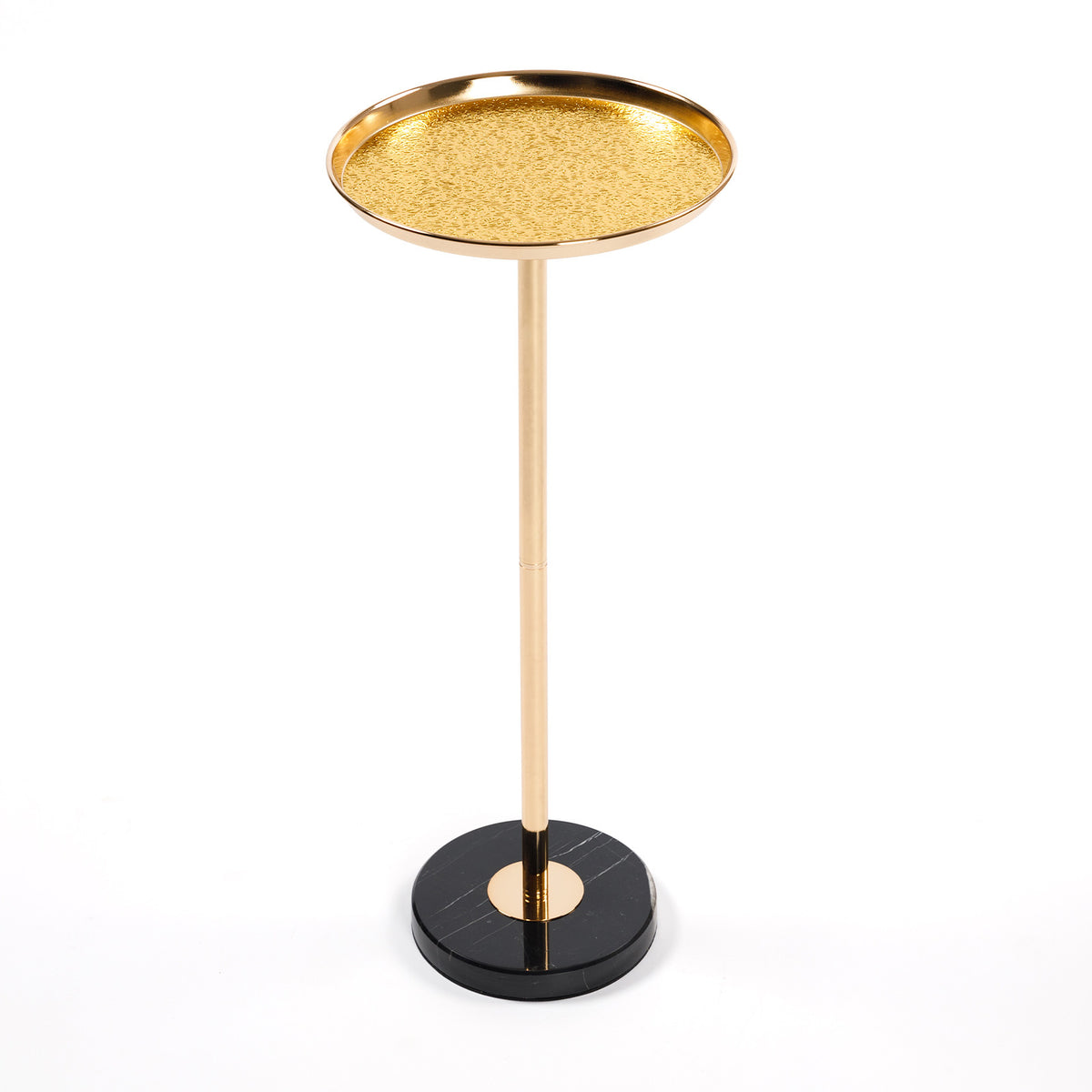 Gold Tray-Top Pedestal Side Table with Black Marble Base, 9.8 in