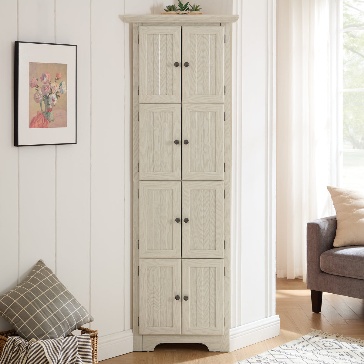 Farmhouse Storage Cabinet, 8 Doors, 72 in Tall, White
