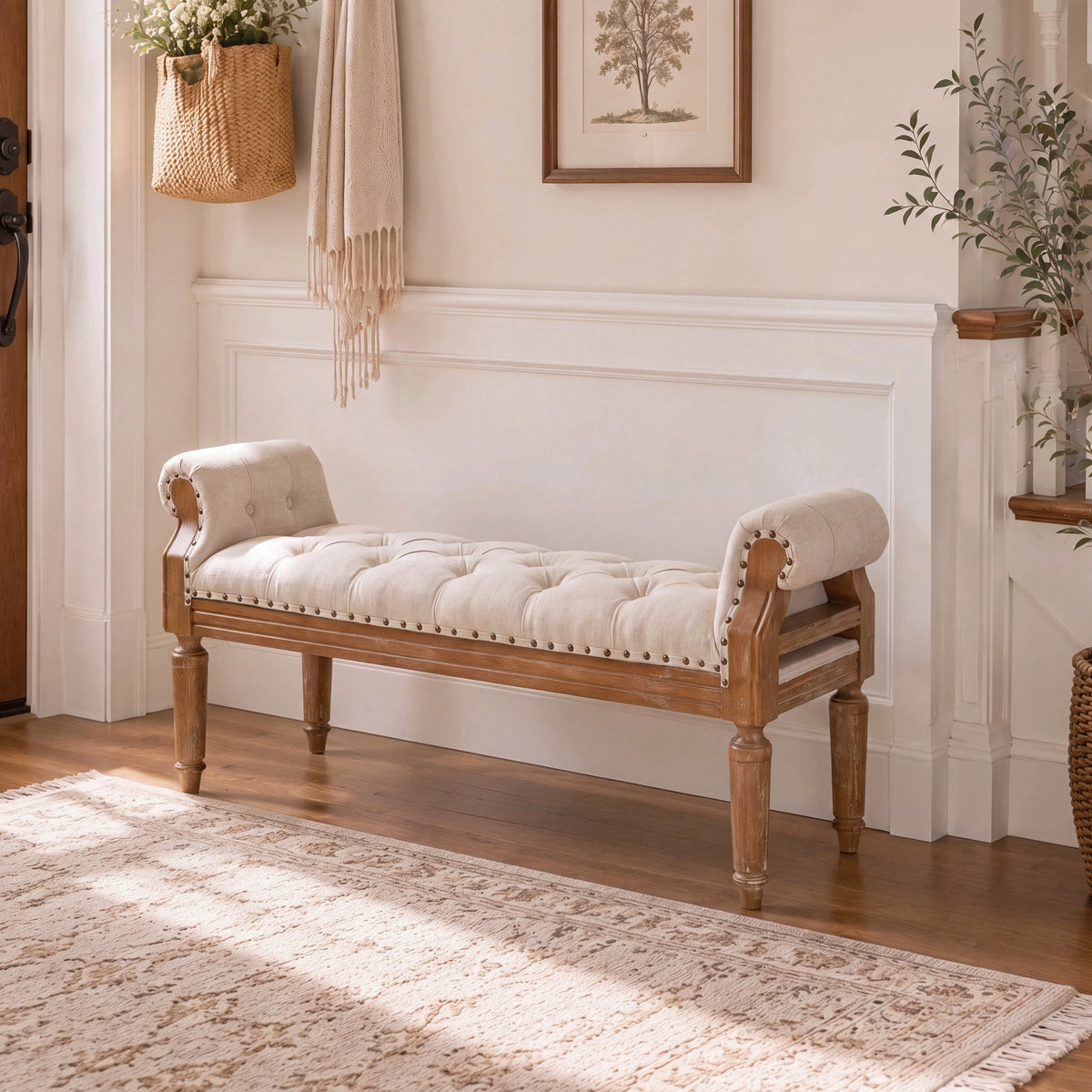 Mid-Century Bench, Beige Tufted Linen End of Bed Bench, Teak Legs