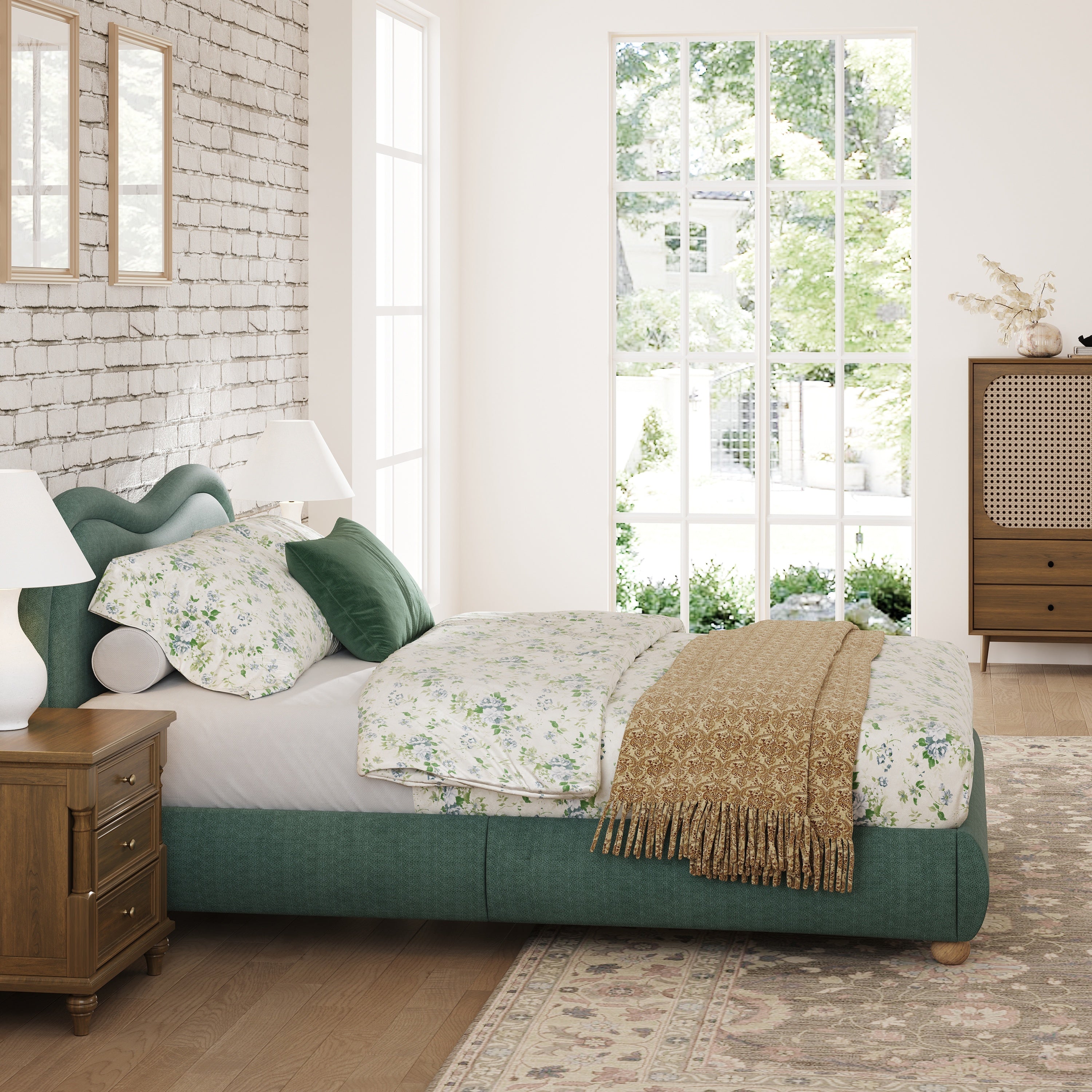 Angled bright-room view of the olive green chenille bed frame with a curved headboard by tall windows #Color_Olive Green