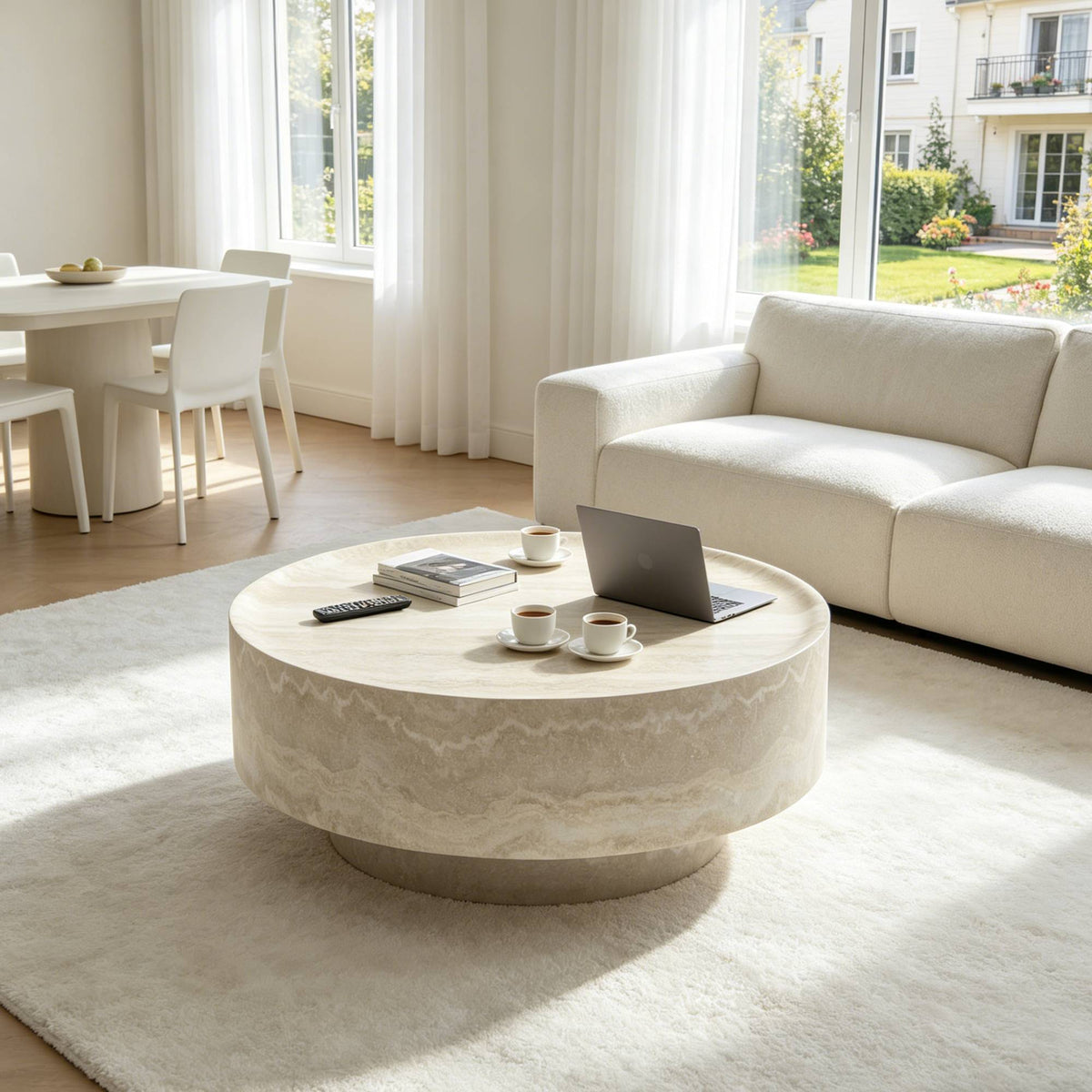 Beige Fiberglass Travertine-Look Floating Drum Coffee Table, 31.5 in