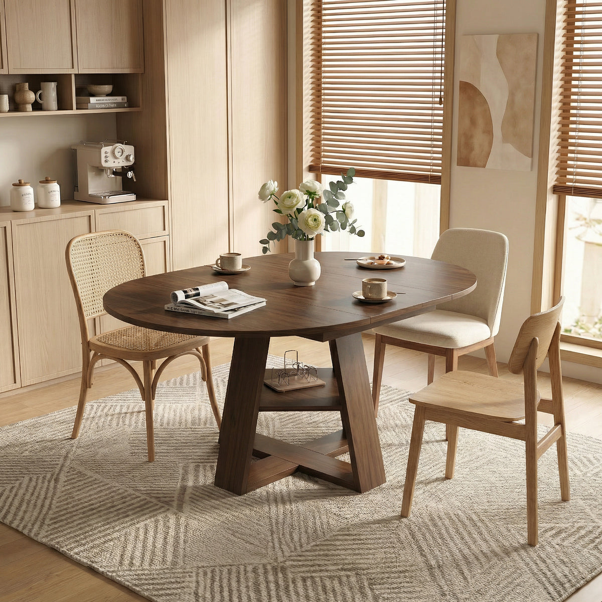 Styled dining nook with the walnut extendable round table, cross base and lower shelf