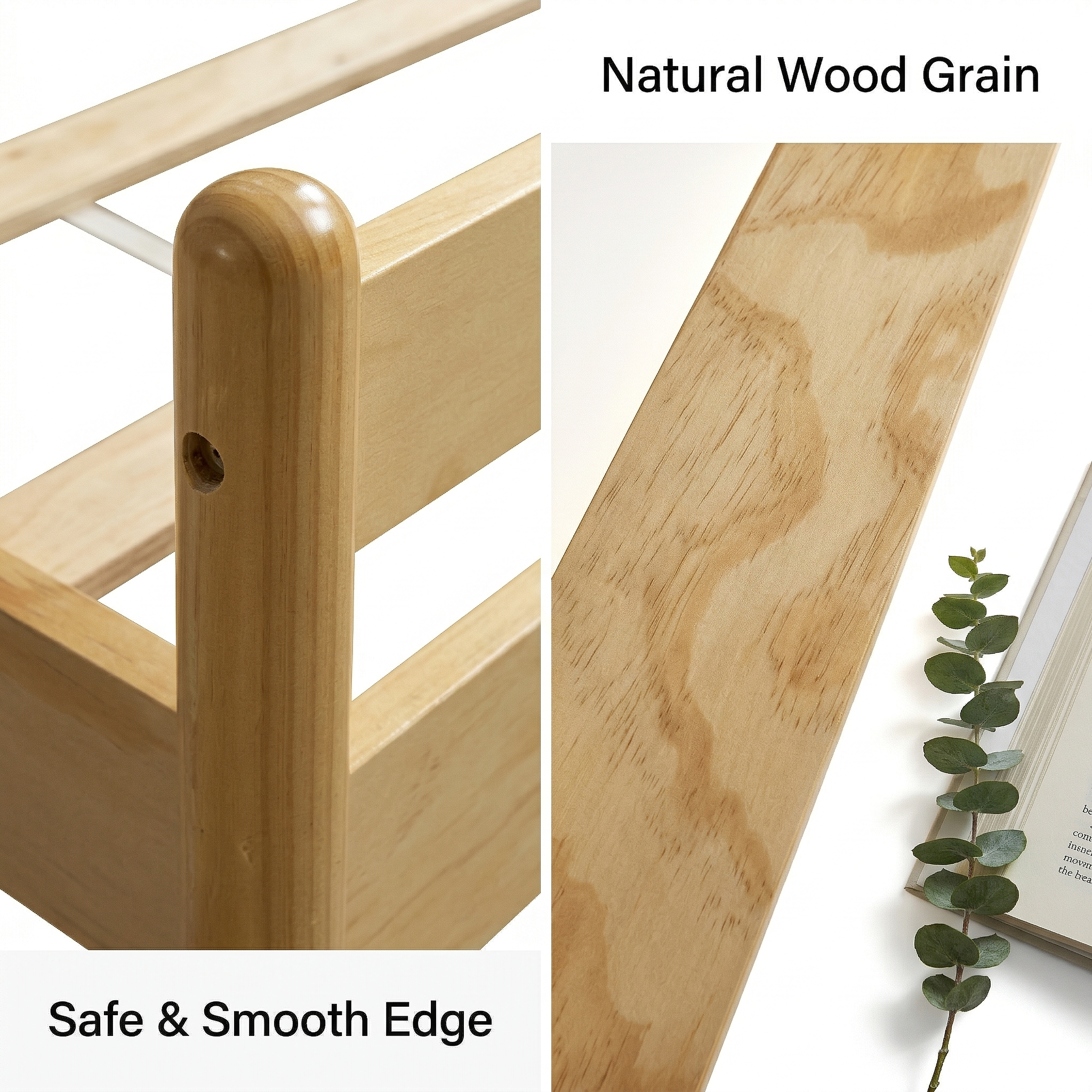 Split detail of a rounded natural pine post edge and the wood grain of a rail #Color_Natural