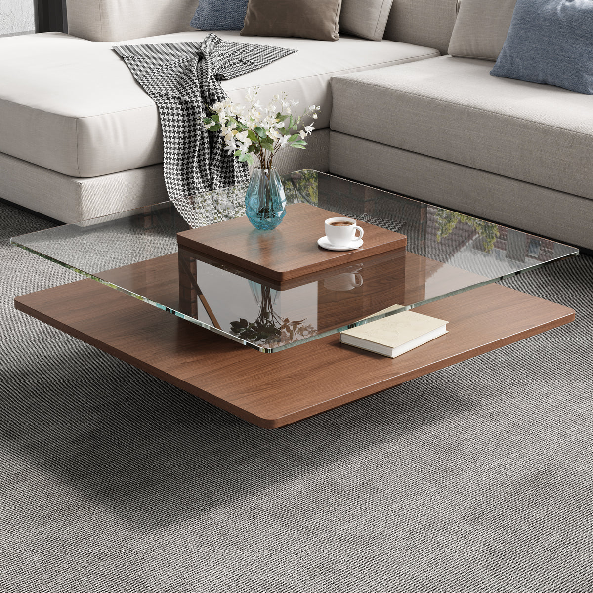 Walnut Square Glass-Top Two-Tier Coffee Table, 31.5 in