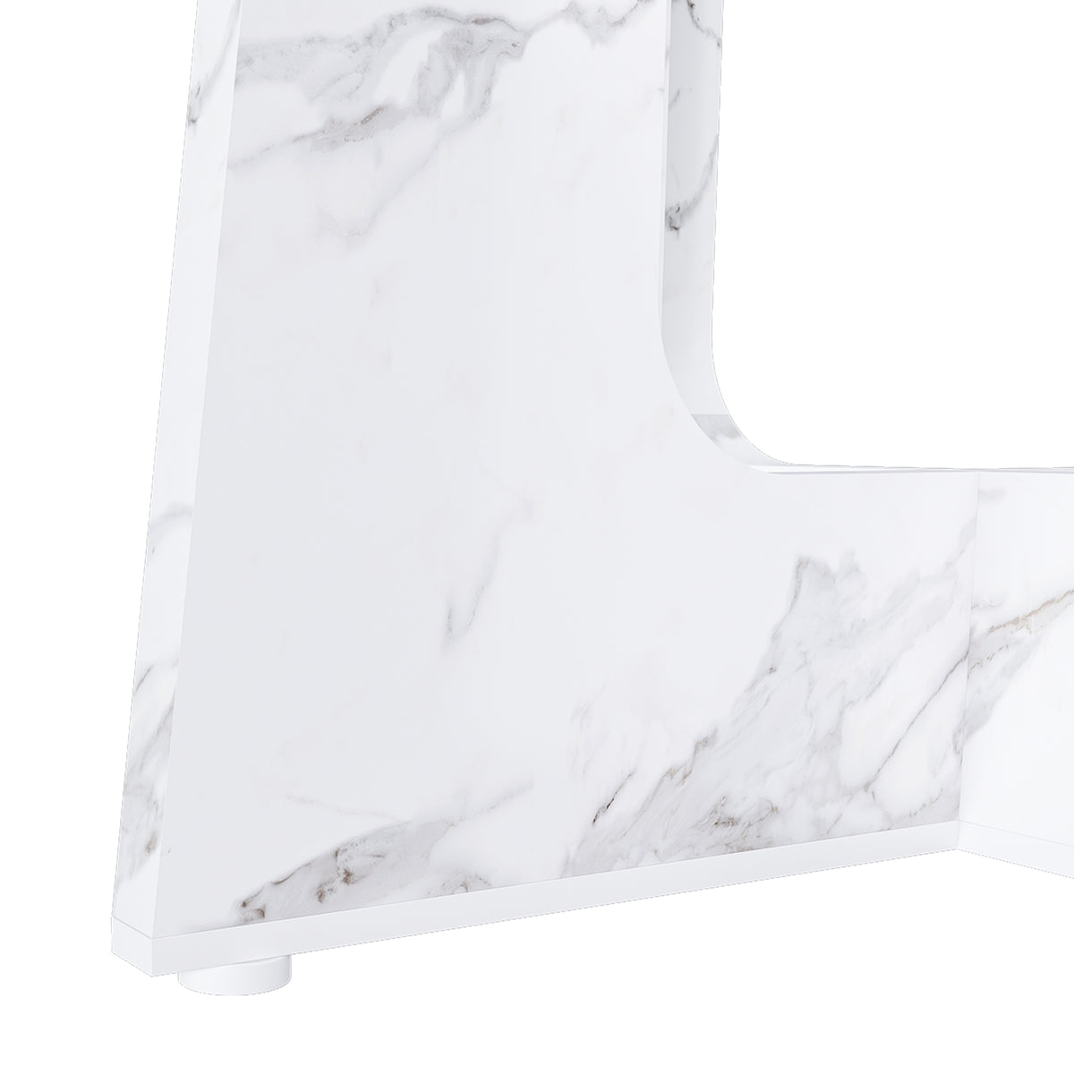 Close-up of the faux marble pedestal panel showing the veined finish