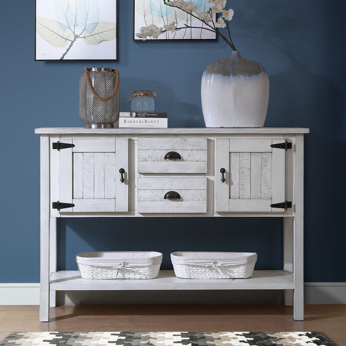 Antique White Sideboard, 46in Farmhouse Buffet, 2 Drawers