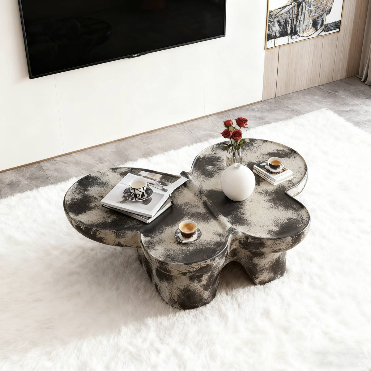 Black and Beige Fiberglass Stone-Look Butterfly Coffee Table, 47.2 in