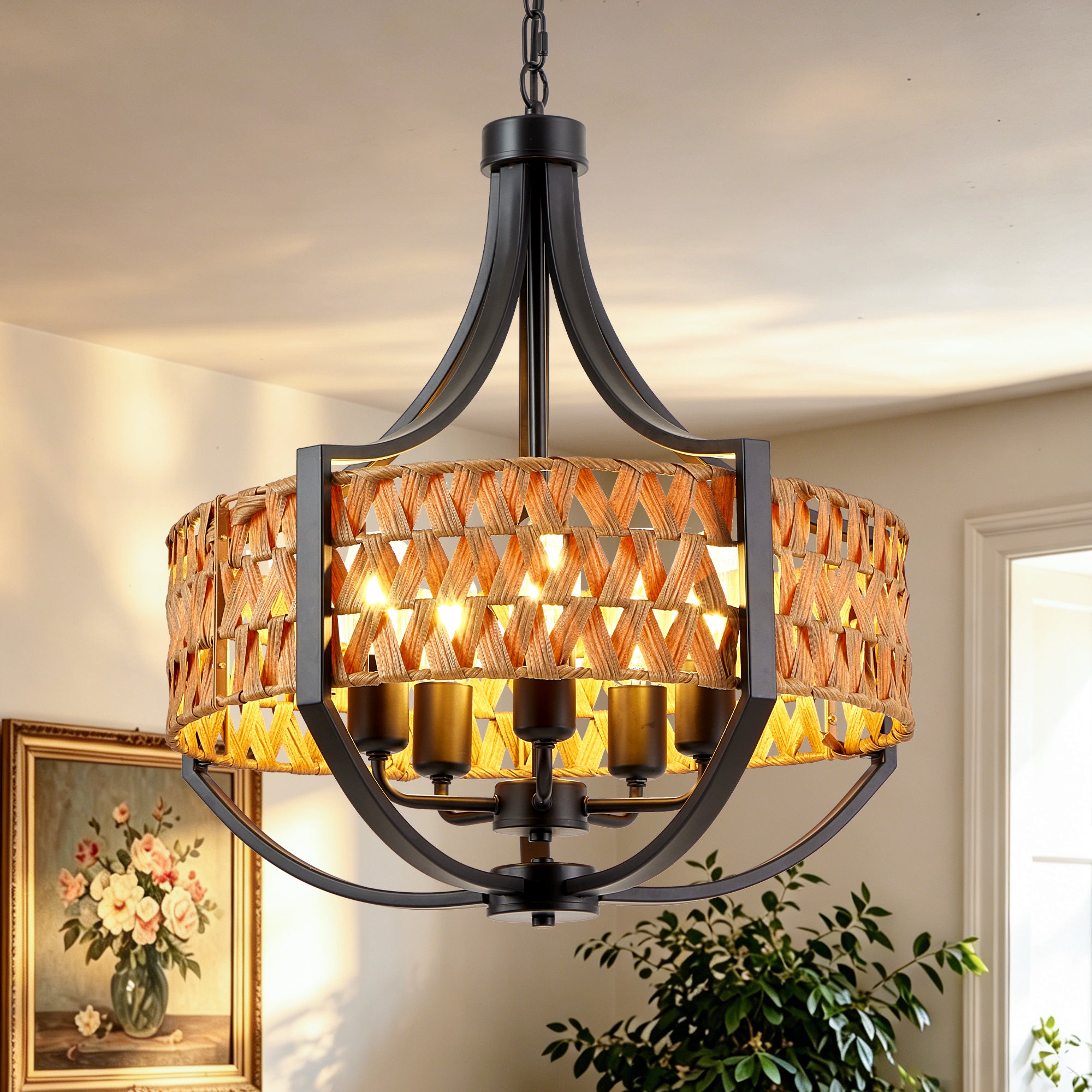 Black Farmhouse 5-Light Chandelier, 20 in, Rattan Shade