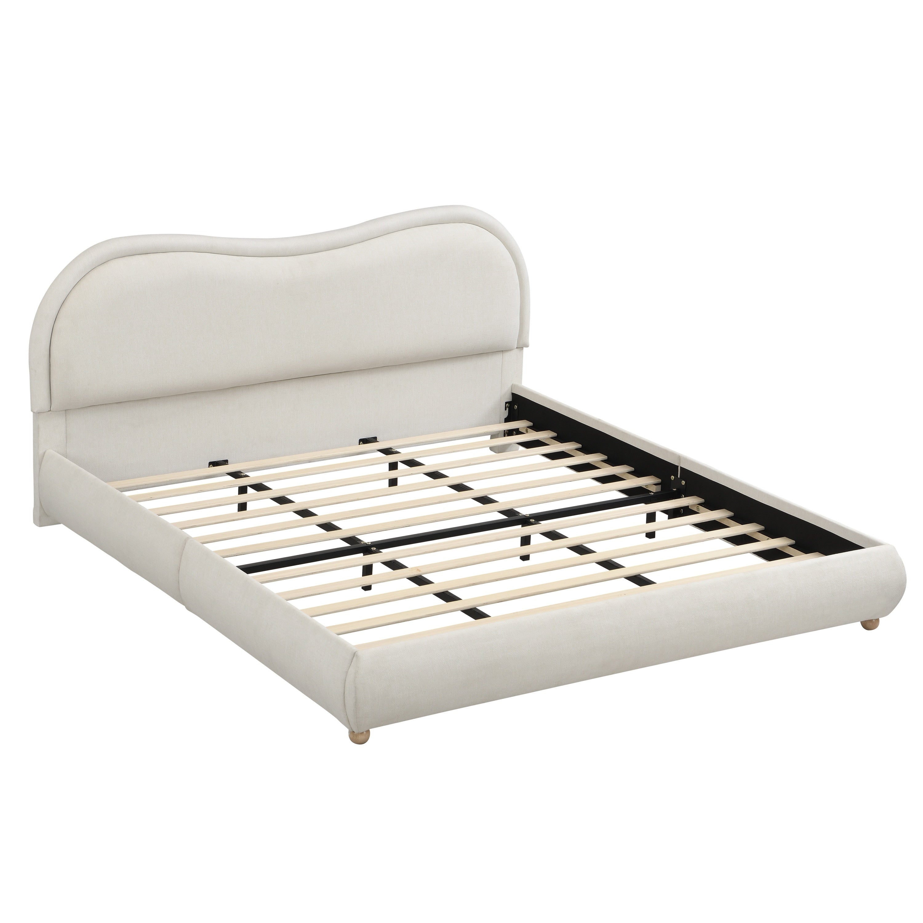 Beige chenille king platform bed frame with curved headboard on white background
