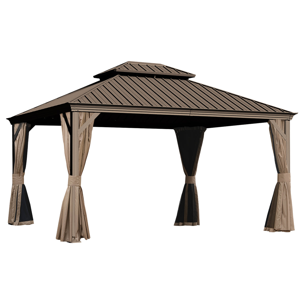 13x15 ft Brown Metal Double Roof Hardtop Gazebo with Netting and Curtains