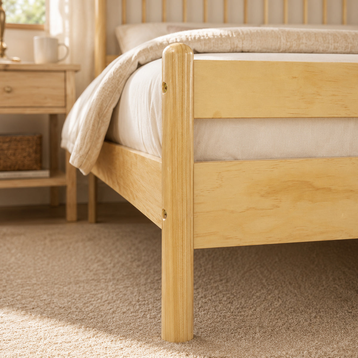 Detail of the rounded natural pine footboard post and rail beside a nightstand