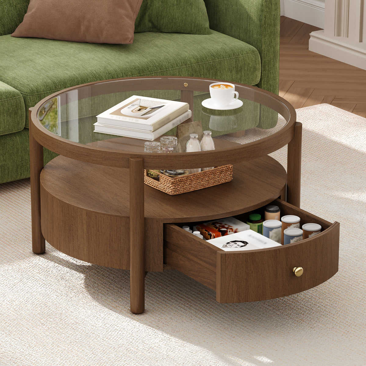 Walnut Round Glass-Top Coffee Table with Drawer, 29.5 in