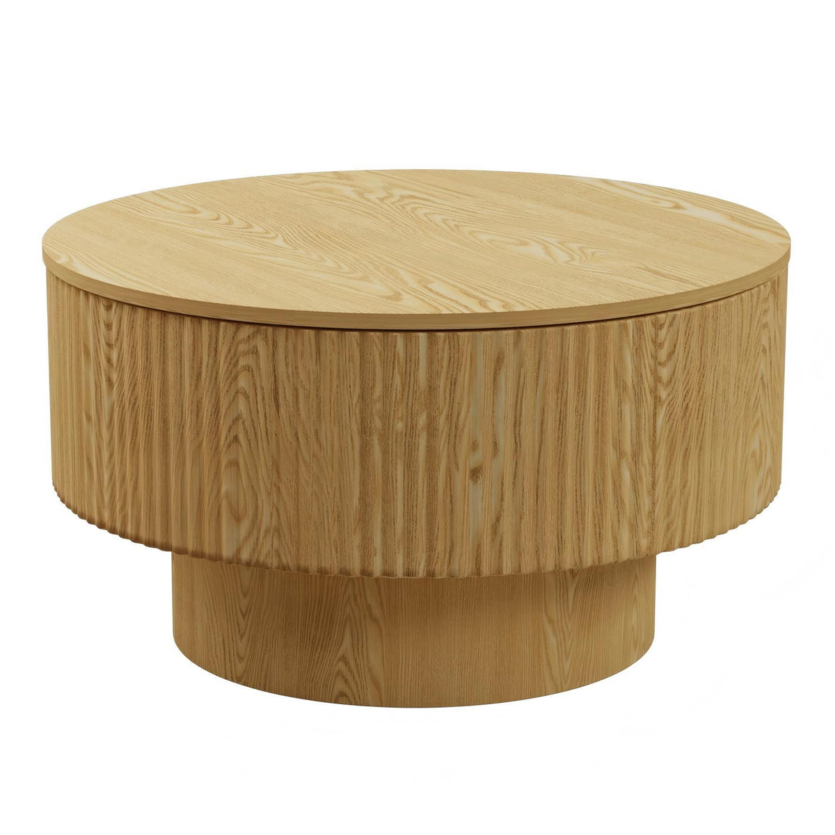 Natural Fluted Round Drum Coffee Table with Storage, 29.5 in
