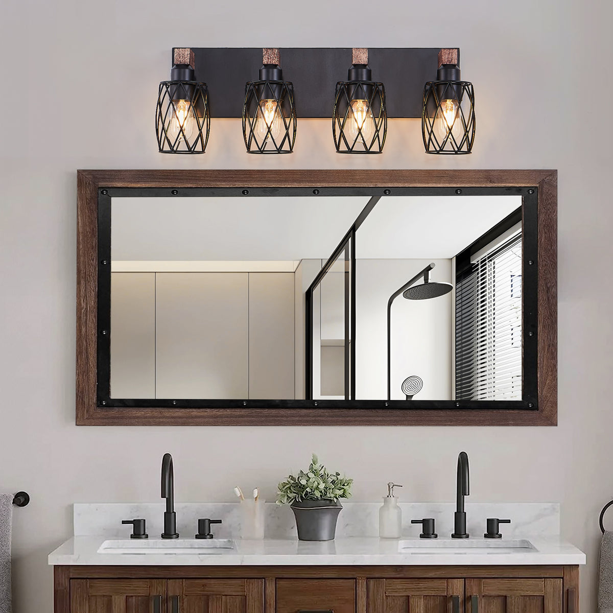 Wall Sconce, 4-Light Iron Mesh Shade, Walnut