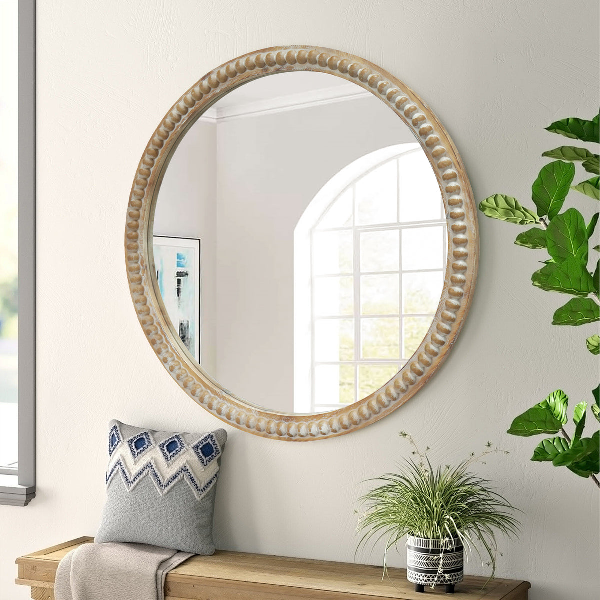 35.43 Inch Round Mirror, Beaded Distressed Wood Frame