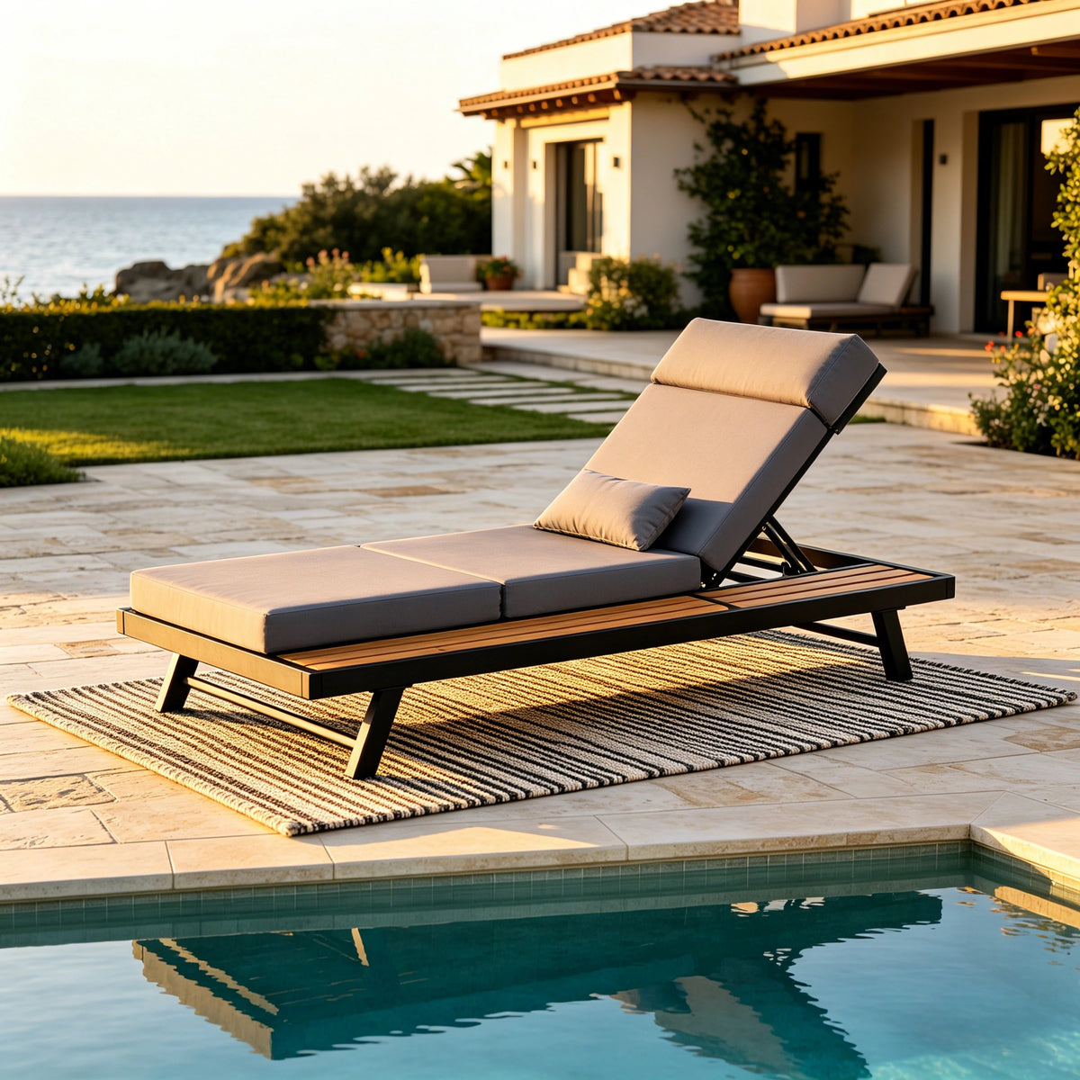 Black Metal Adjustable Outdoor Chaise Lounge with Dark Gray 4-Fold Cushion