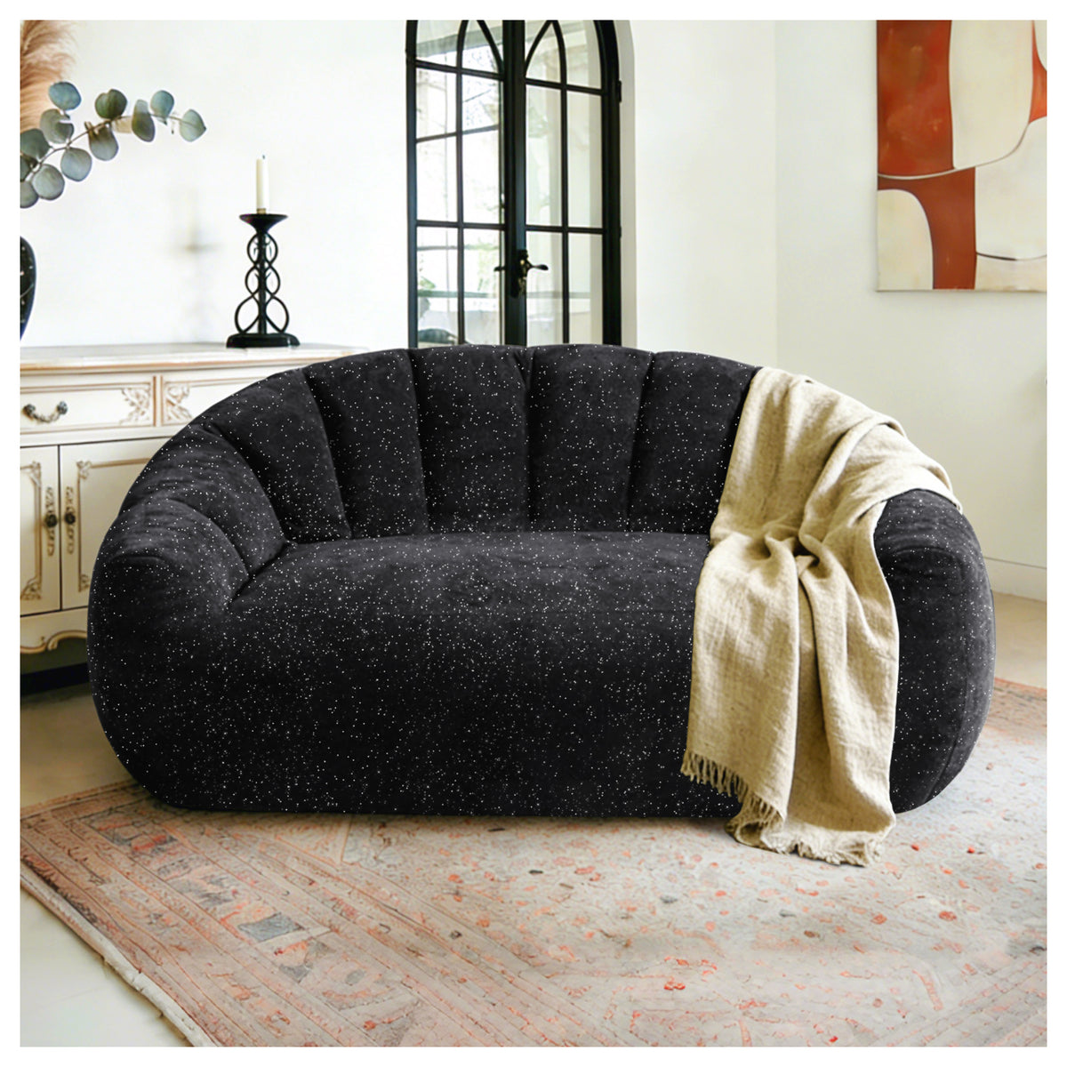 Black Plush Couch, 55 in Wide
