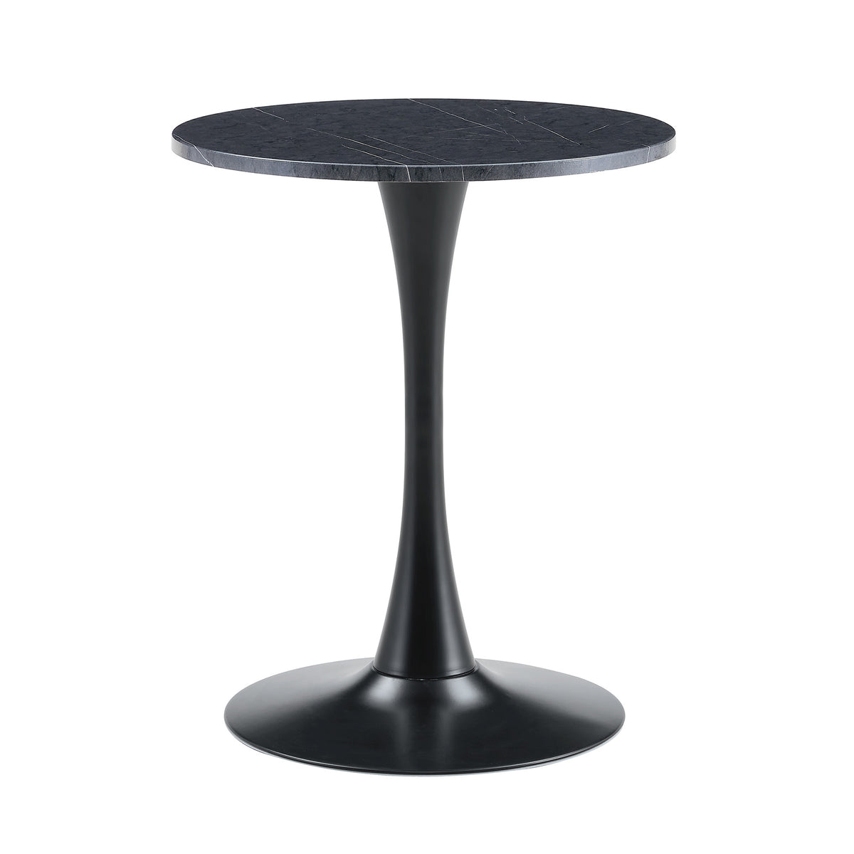 Black faux marble round bistro table with a black tulip pedestal on a plain white background, three-quarter view