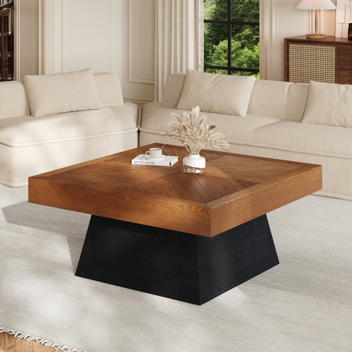 Brown and Black Square Pedestal Coffee Table, 31.5 in