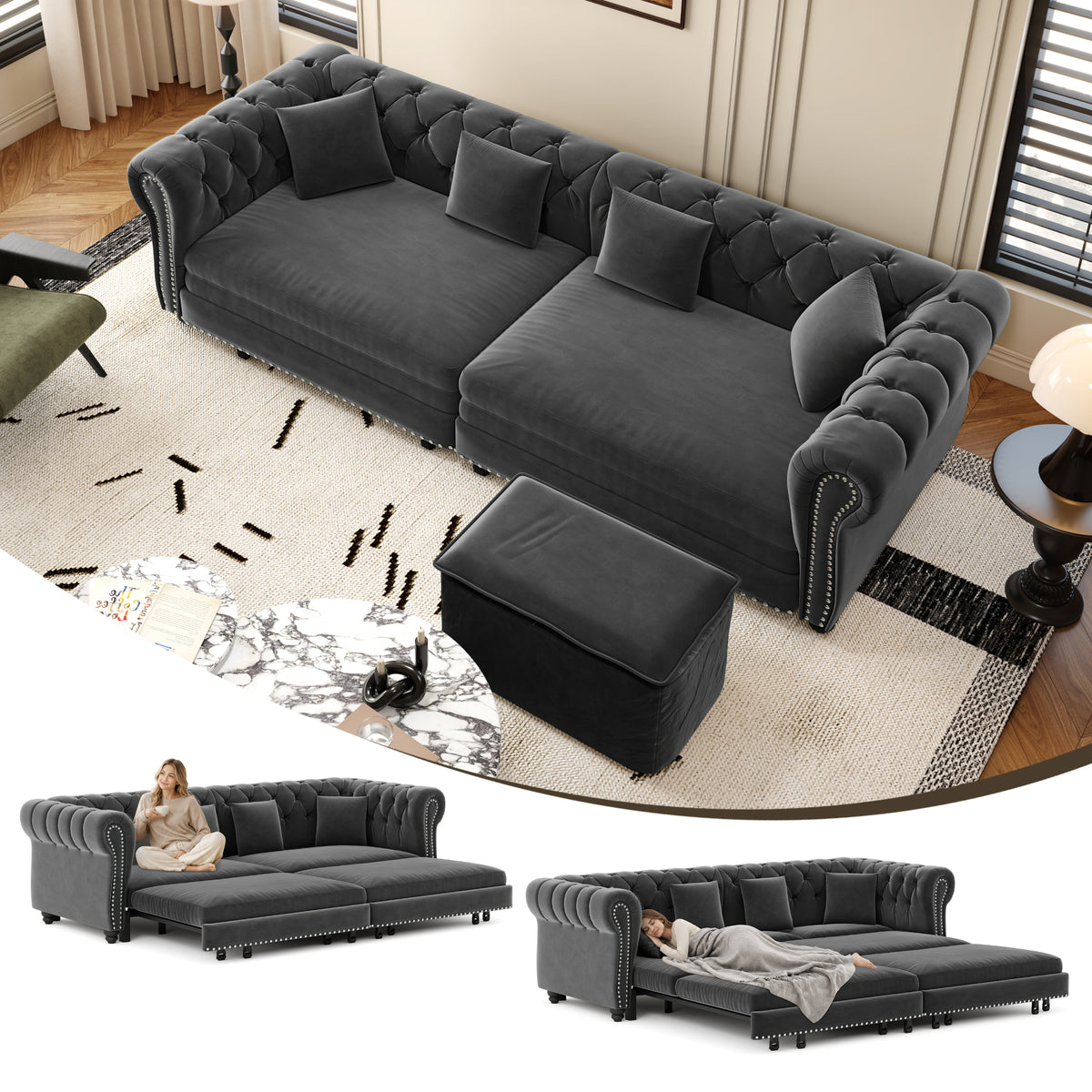 Gray Tufted Velvet 3-Seat King Sleeper Sofa with Ottoman, 89 in Wide