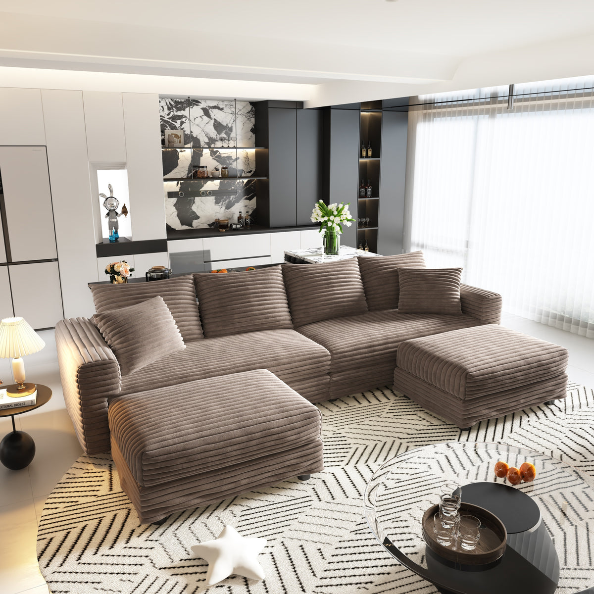 Camel Corduroy 4-Seat Couch with 2 Ottomans, 102.4 in Wide