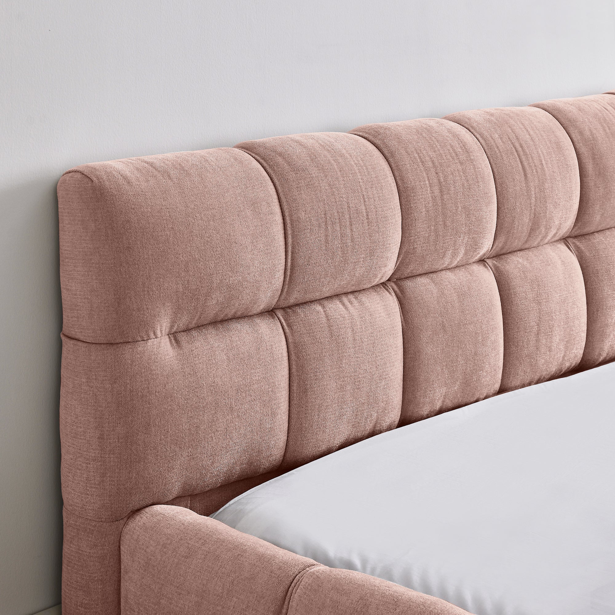 Close-up of the pink chenille headboard showing the chunky channel-tufted bubble rows #Color_Pink