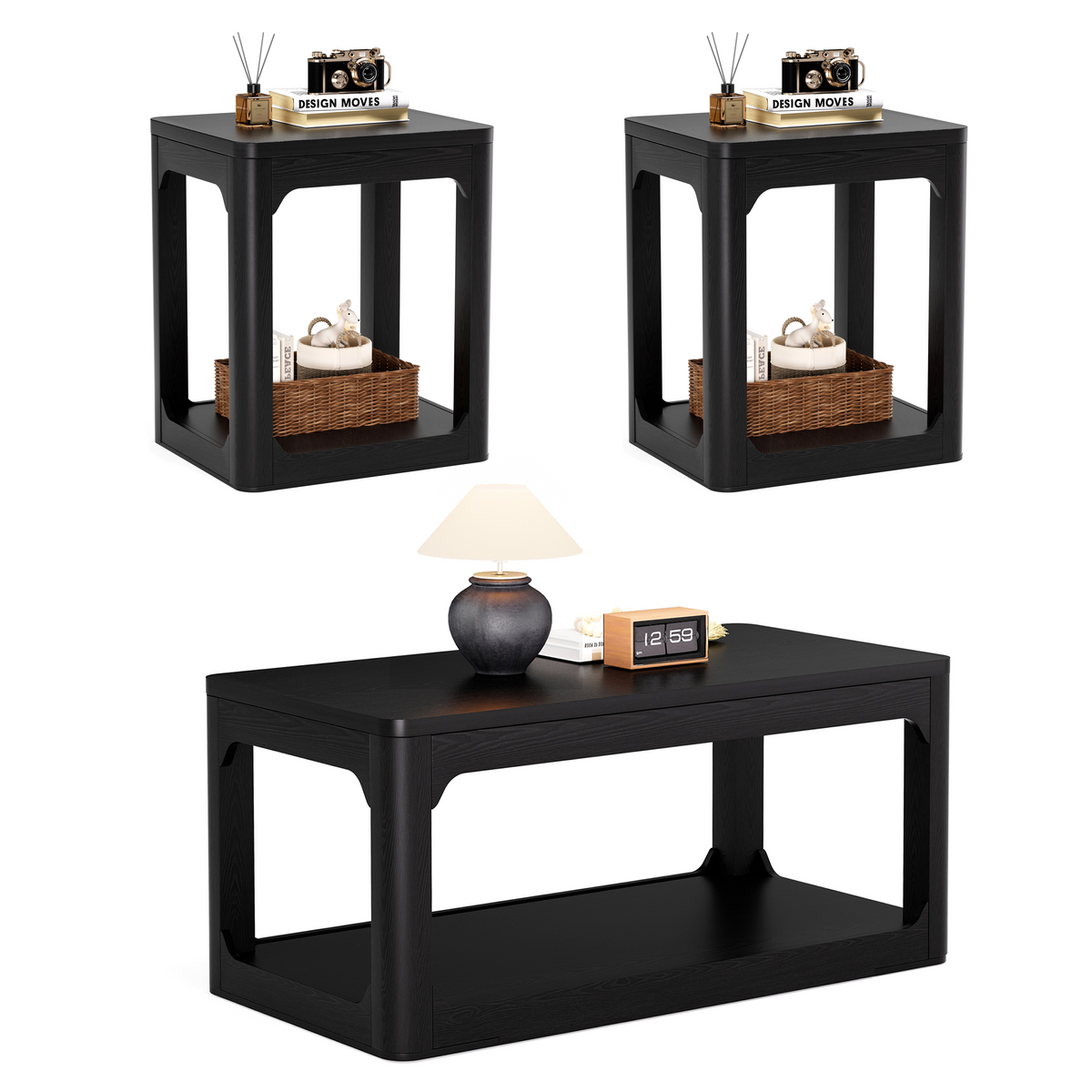 Black Two-Tier Coffee Table and 2 Side Tables Set
