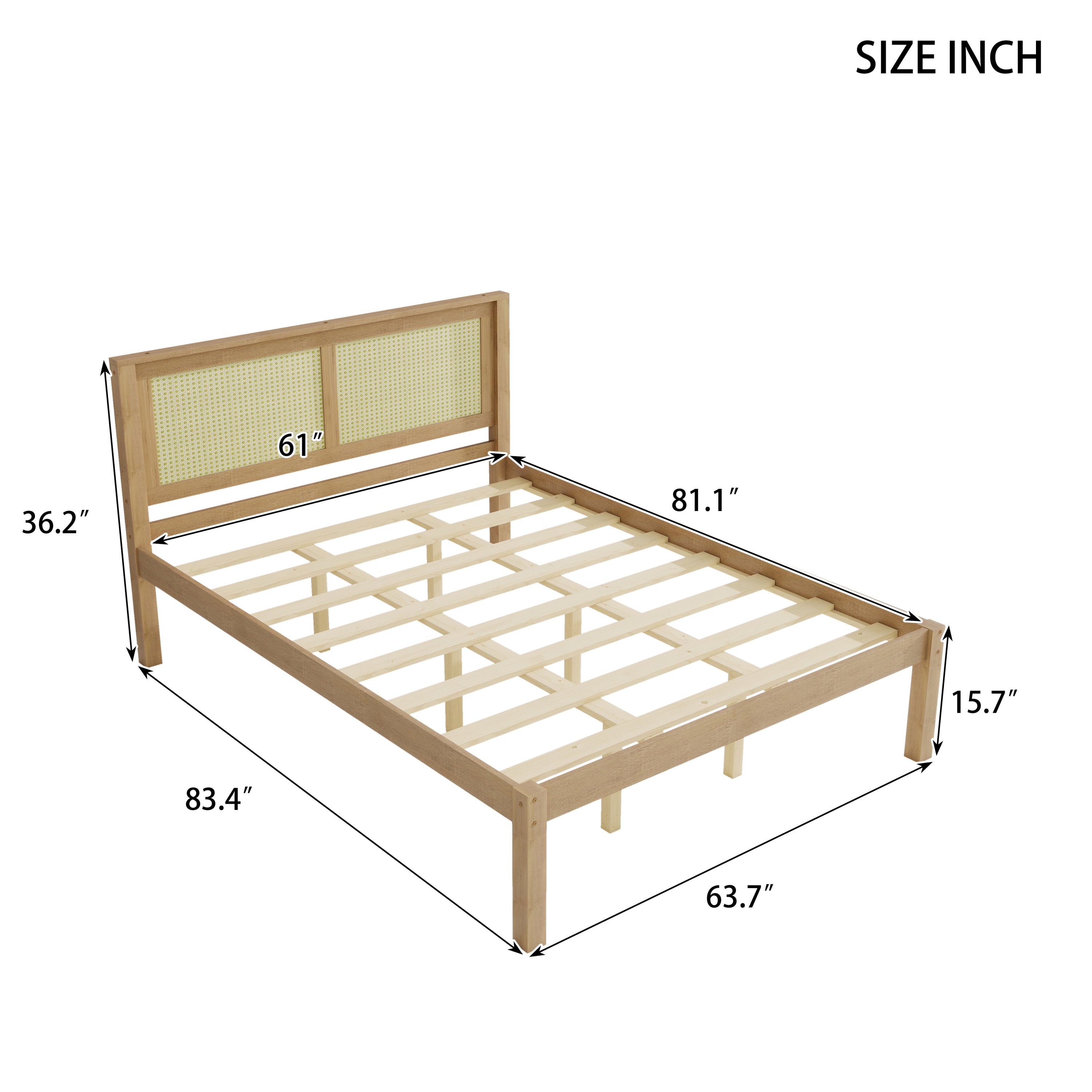 Dimension diagram of the queen bed: 83.4 in long, 63.7 in wide, 36.2 in tall, 15.7 in leg height