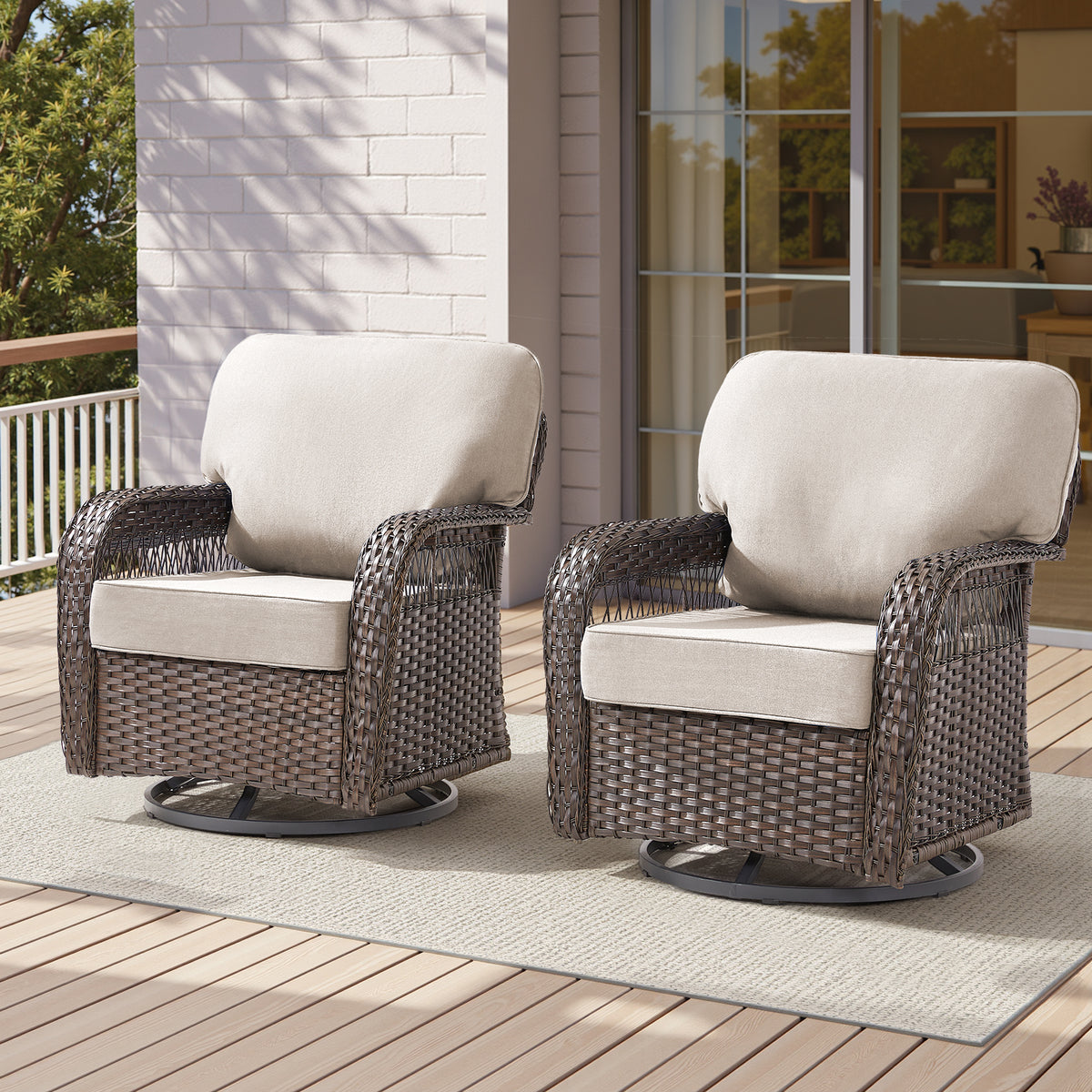 Brown Wicker Outdoor Glider Chair with Beige Cushions, Set of 2