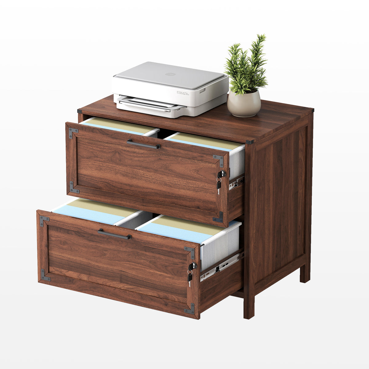 Farmhouse File Cabinet, 2 Drawers, Locking, 31.5 in, Walnut