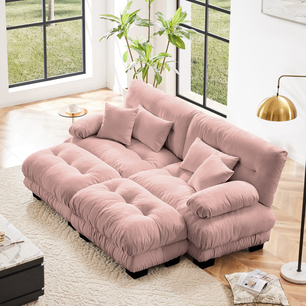 Pink Chenille 2-Seat Couch with 2 Ottomans