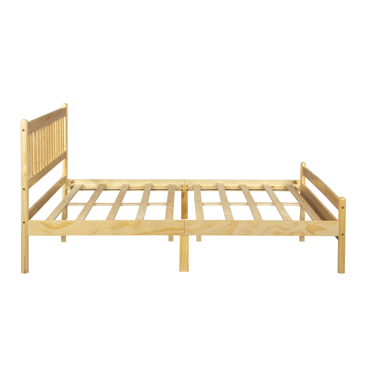 Side profile of the empty natural pine bed frame with slats on a white background