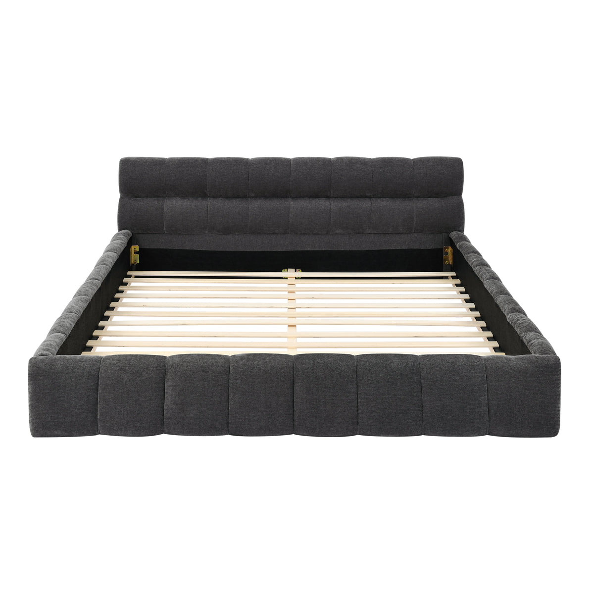 Dark grey chenille platform bed frame shown head-on on white, wood slats exposed