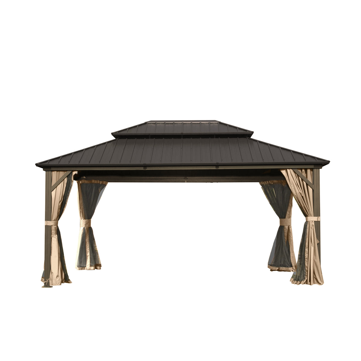 12x14 ft Brown Aluminum Double Roof Hardtop Gazebo with Netting and Curtains