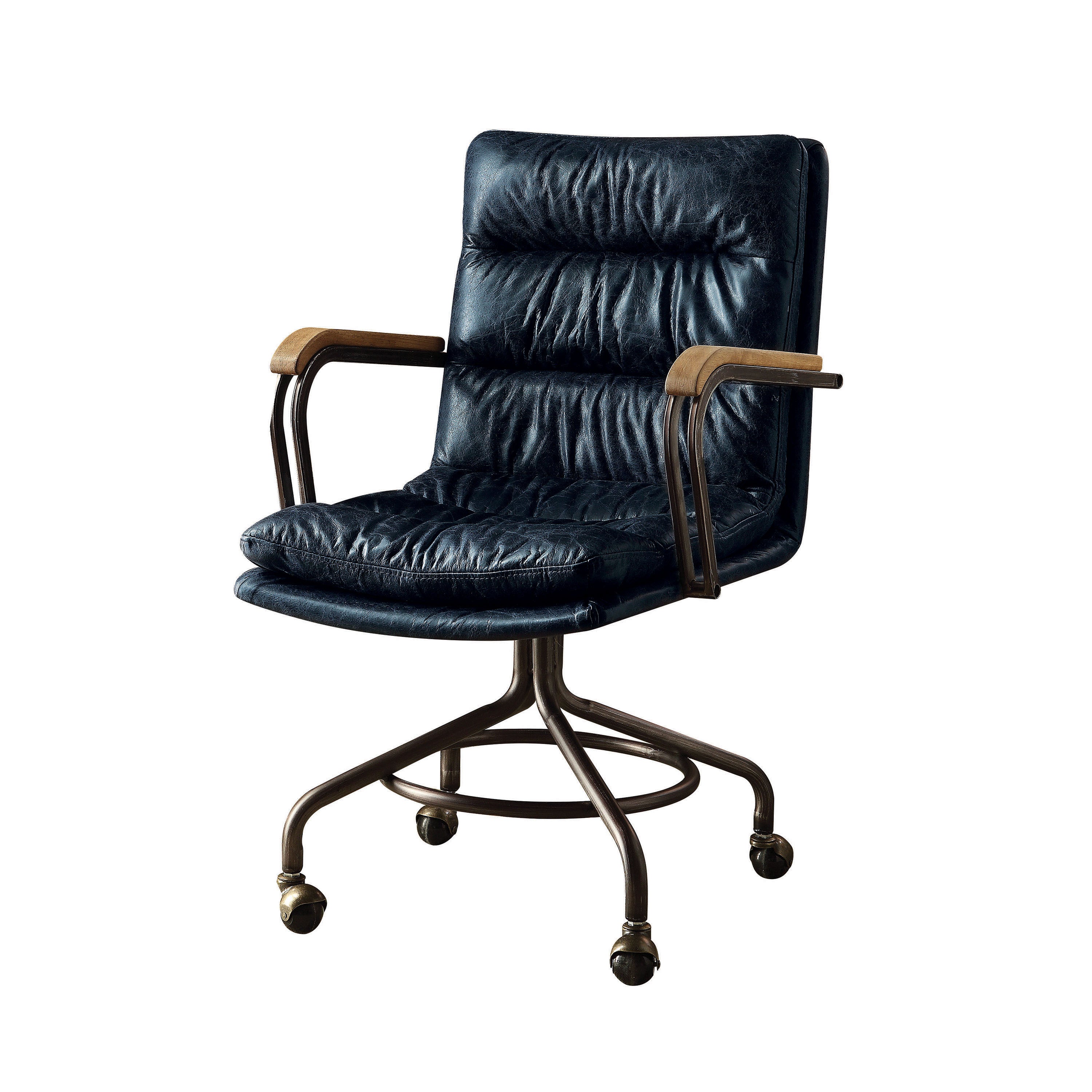 Blue Top Grain Leather Office Chair, Swivel, 220 lb