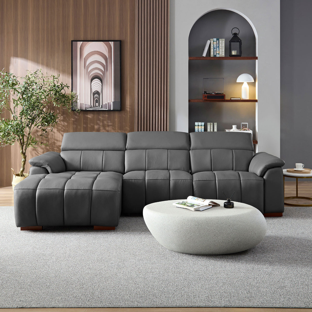 Dark Gray Genuine Leather Reclining Sectional, 113.4 in, Left-Facing