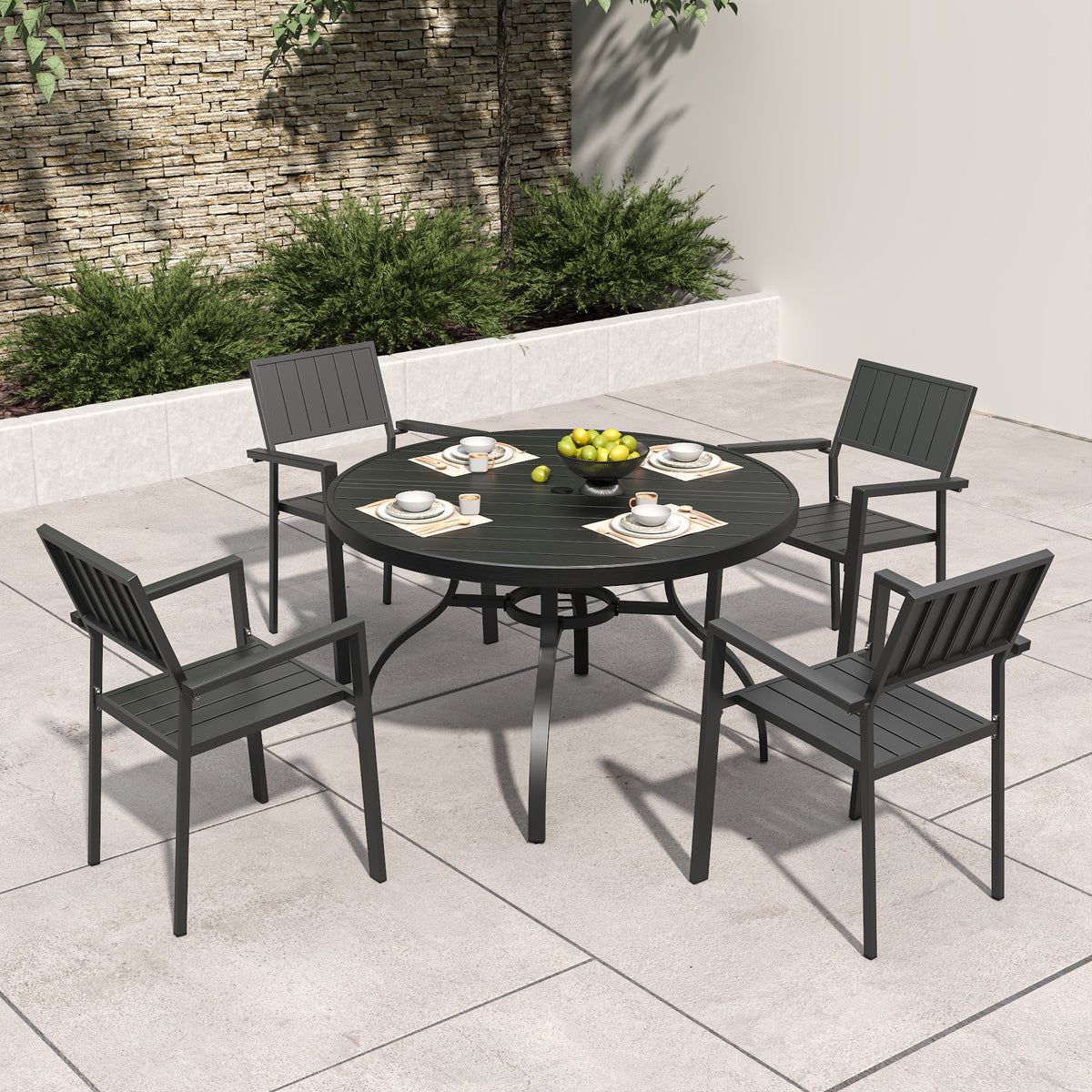 Black Metal 5-Piece Patio Dining Set for 4 with Umbrella Hole, Round