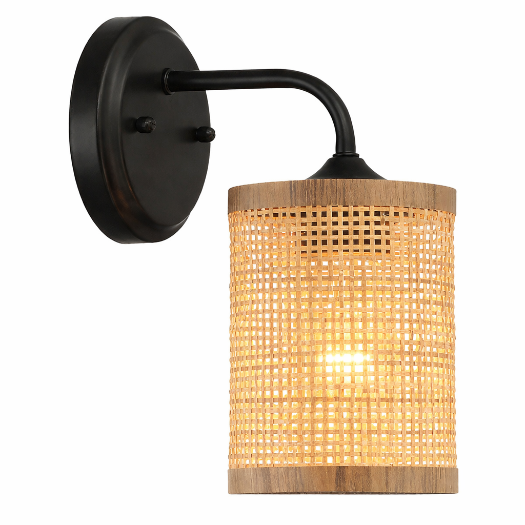Wall Sconce with Natural Rattan Shade, Black
