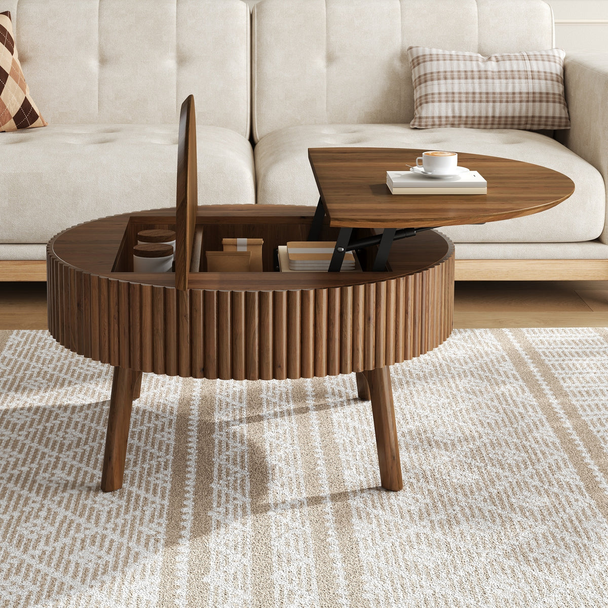 Walnut Mid-Century Fluted Round Lift-Top Coffee Table, 30.3 in