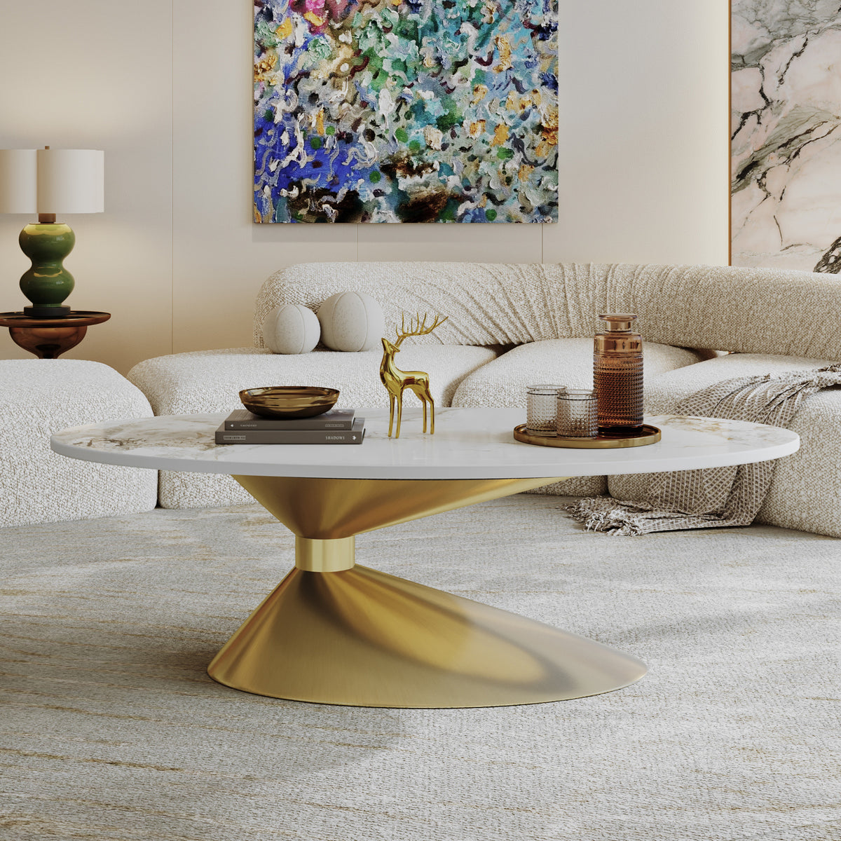 White and Gold Sintered Stone Oval Pedestal Coffee Table, 49.2 in