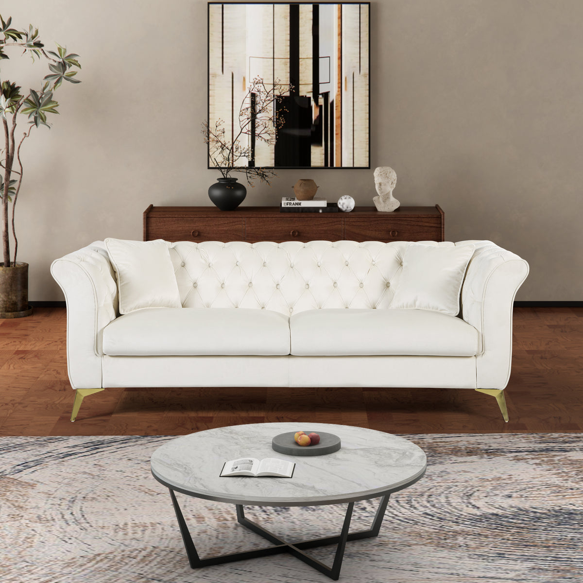 Beige Tufted Velvet 3-Seat Couch, 87 in Wide