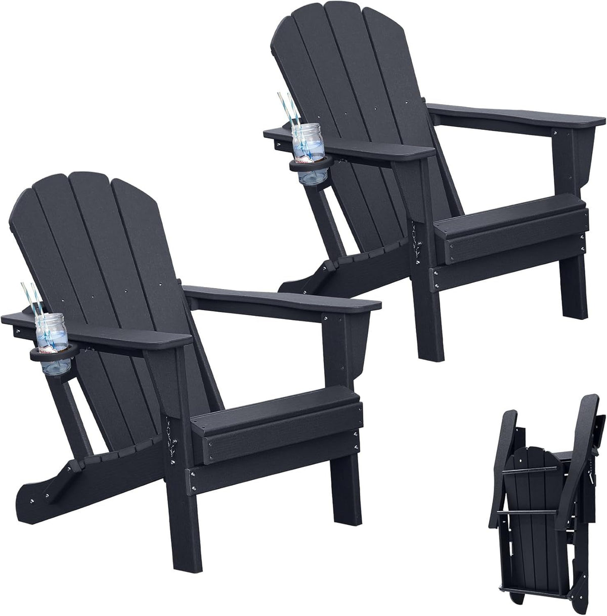 Black HDPE Folding Adirondack Chair, Set of 2, with Cup Holder, 34.2 in Tall