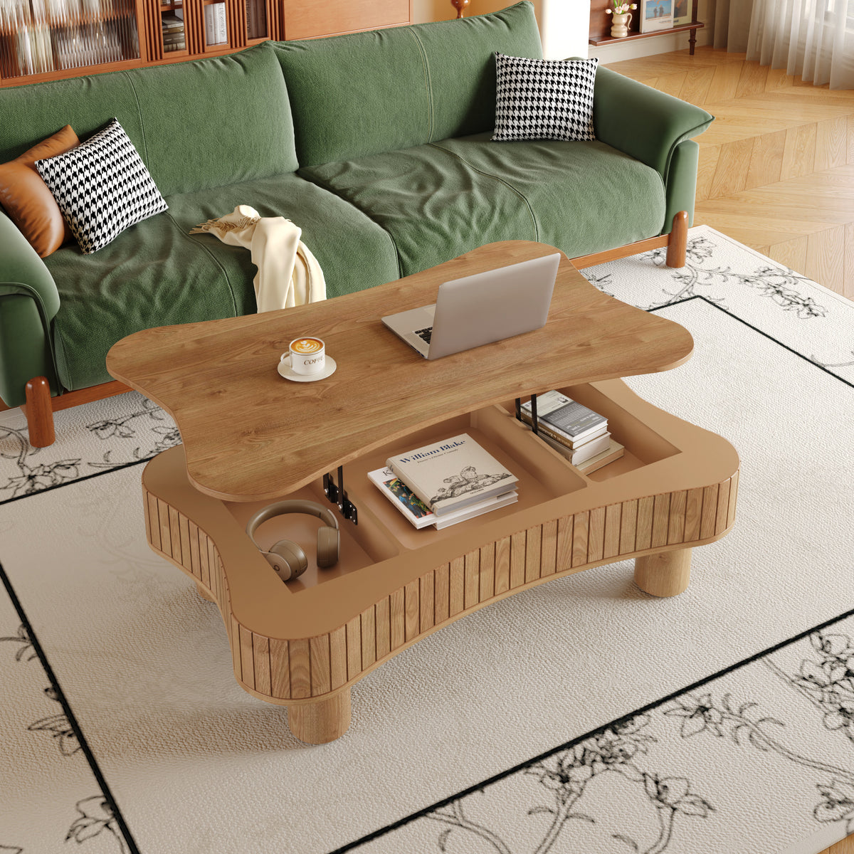 Light Brown Fluted Irregular Lift-Top Coffee Table with Storage, 42.5 in