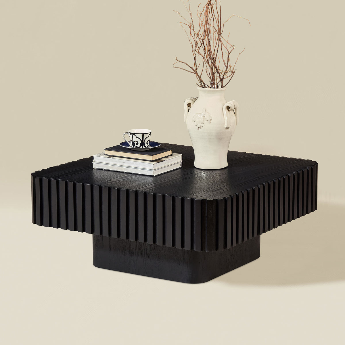 Black Fluted Square Pedestal Coffee Table, 35.4 in