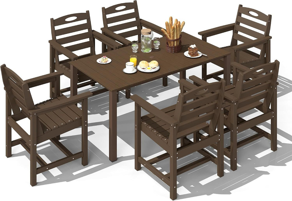 Brown HDPE 7-Piece Patio Dining Set with Umbrella Hole