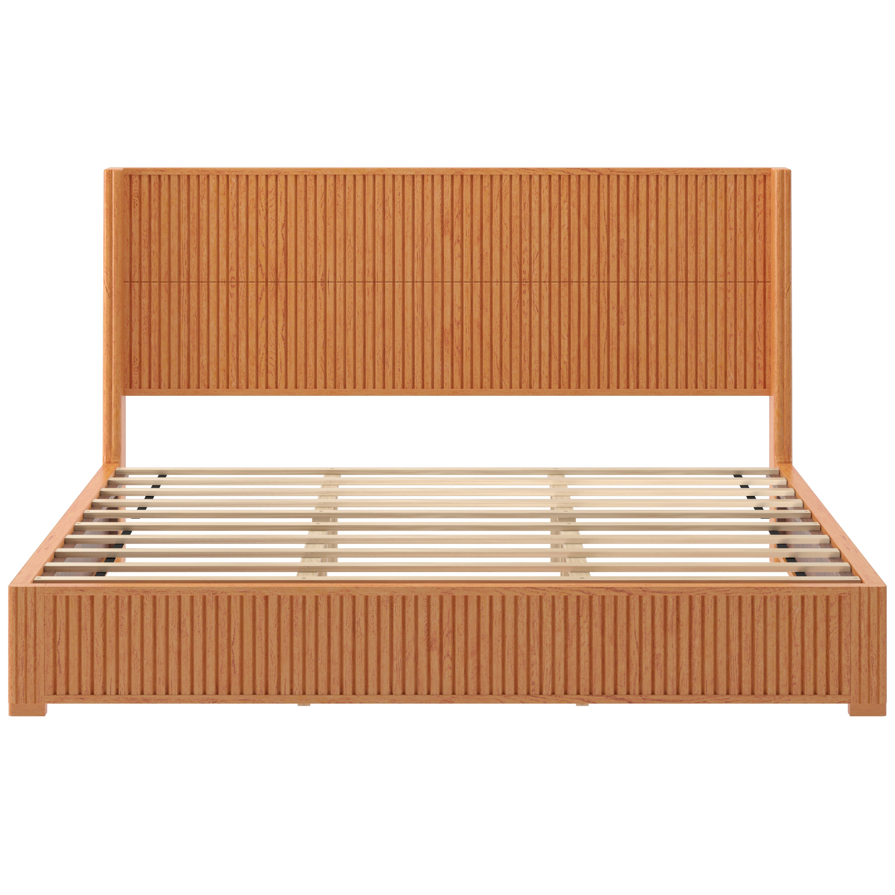 Natural wood king size floor bed frame with tall fluted headboard, front view