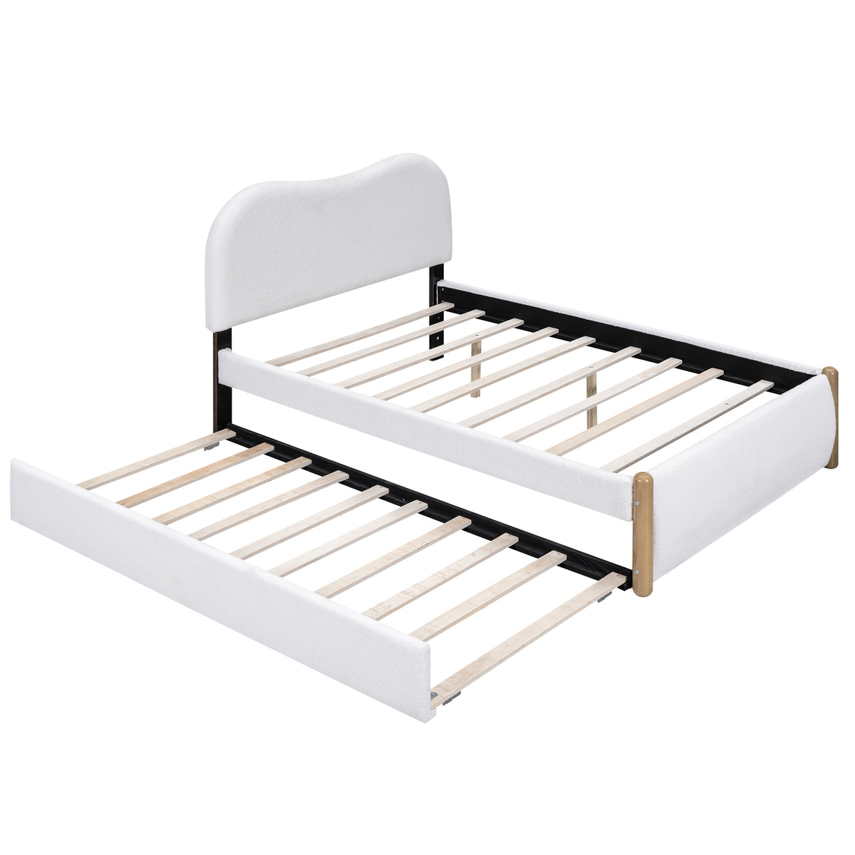 Full Size Upholstered Platform Bed with Twin Trundle, White