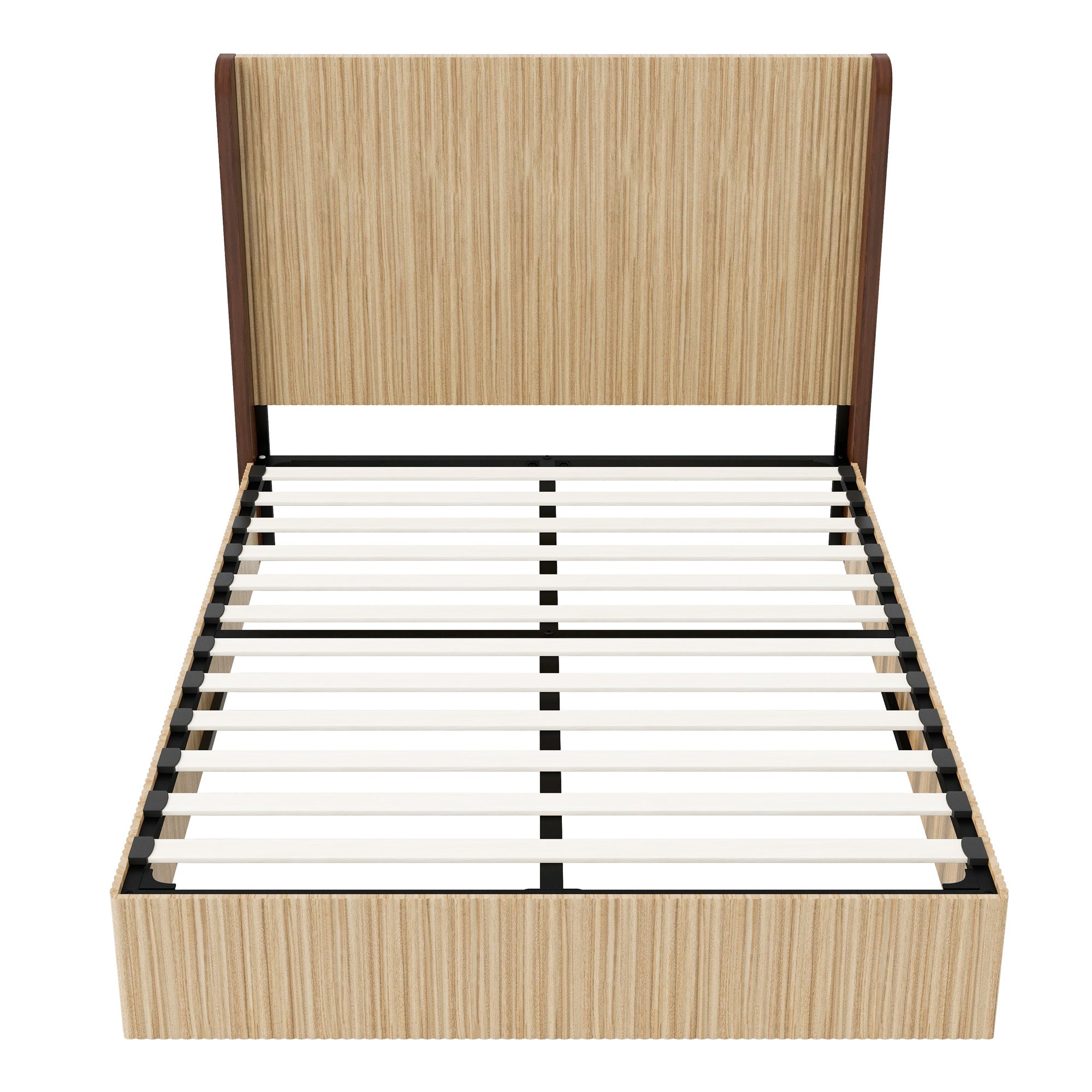 Front view of the bare frame: vertical-grid wingback headboard and wood slats over metal supports