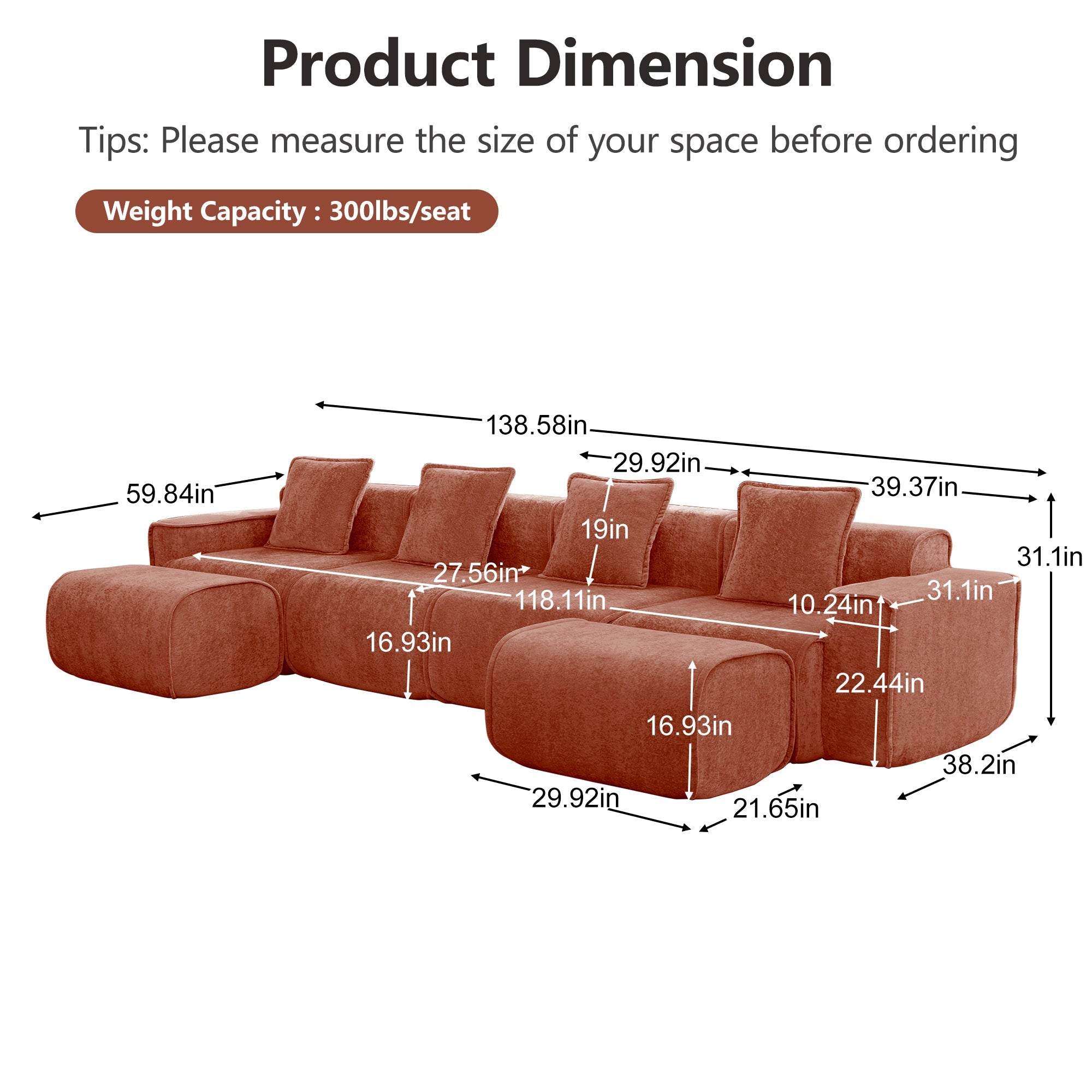 Seneca 4-Seat Boneless Couch in Terracotta #OttOnly_2 #Color_Terracotta